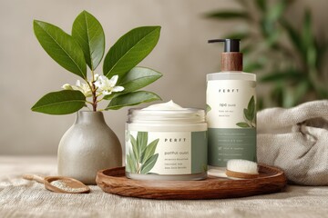 Natural spa skincare products.  Cream and lotion displayed with greenery