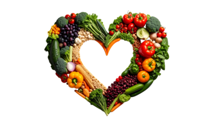 A vibrant Thanksgiving feast with a turkey centerpiece surrounded by a colorful array of fresh vegetables and fruits in a form of heart shape.