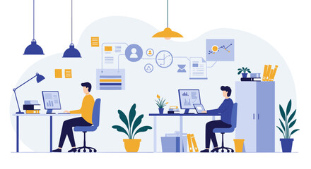 Modern office workspace with team collaboration and technology elements