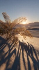 Golden palm fronds cast long shadows across the sandy desert landscape at sunrise.