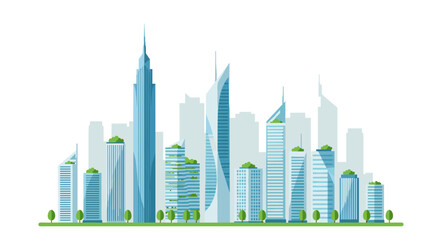 Obraz premium Modern city skyline with skyscrapers and green spaces in a flat design