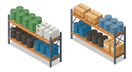 Isometric warehouse racks with industrial barrels and boxes for storage