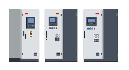 Industrial control panels with screens and buttons in flat design