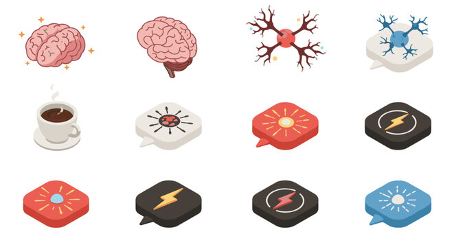 Isometric brain and coffee cup icons with speech bubbles and symbols