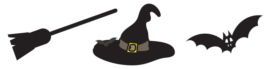 Set of colorful Halloween icons isolated on transparent background. Includes witch broom, magic witch hat with bat, scary black bat. Perfect spooky symbols for holiday, party, decoration and design.