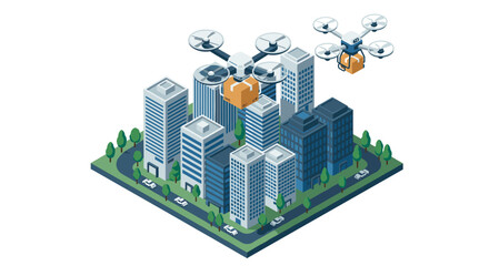 Fototapeta premium Drone delivery service in urban cityscape with modern skyscrapers and green spaces