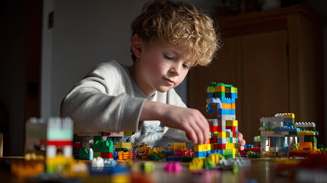 Focused young boy building colorful Lego towers at home, playing.