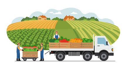 Farmers transporting fresh produce with a truck on a sunny farm landscape