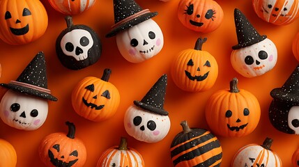 Silly pumpkins with cheerful spooky faces, tiny skulls, glowing candles, and witch hats on orange