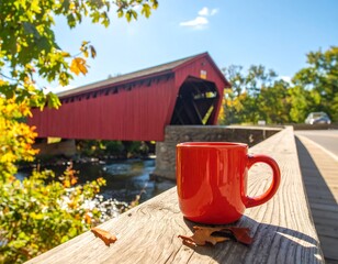 Red mug on wooden railing overlooking autumnal bridge