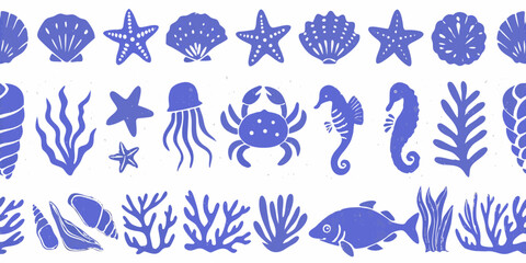 Fototapeta premium Seamless pattern of blue ocean sea life icons and marine plants on a textured white background
