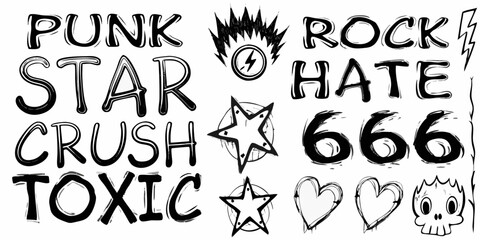 Hand drawn grunge punk rock style lettering and symbols with lightning bolt stars hearts and skull
