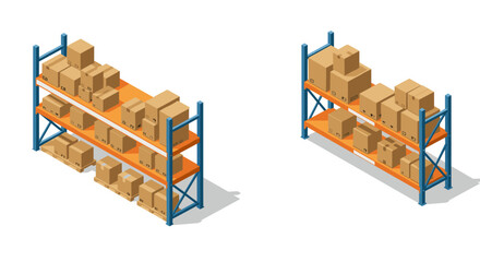 Isometric warehouse shelves with cardboard boxes on orange and blue racks