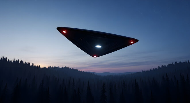 夜明けの森上空に浮かぶ三角形UFO：神秘的な宇宙船と未確認飛行物体
