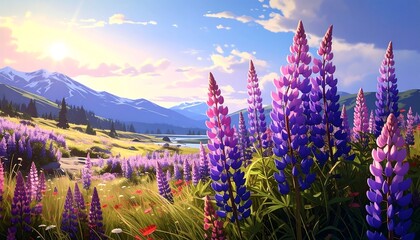A vibrant field of lupines, bathed in sunlight, stretches across a valley with snow-capped mountains in the background.