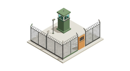 Isometric guard tower with barbed fence in minimalist design