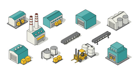 Obraz premium Isometric industrial warehouse and factory elements with conveyors and forklift
