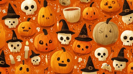 Obraz premium Cute cartoon pumpkins with goofy spooky faces, little skulls, candles, and witch hats on orange