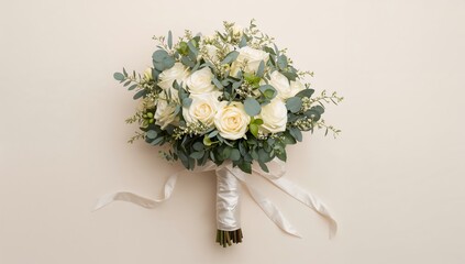 A bouquet of white flowers with green leaves and a ribbon