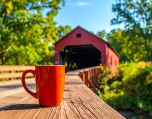 Red mug on wooden rail by a red covered bridge