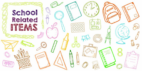 Collection of colorful hand drawn school related items and supplies on a white background