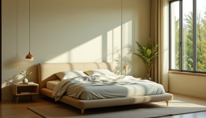 create a modern bedroom interior image featuring a simple minimalist luxury bed in a soft sun light from window, casting a green room hue