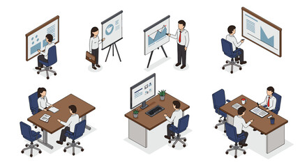 Isometric office workers collaborating on presentations and meetings