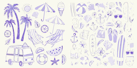 Collection of hand drawn summer beach vacation elements in purple outline style