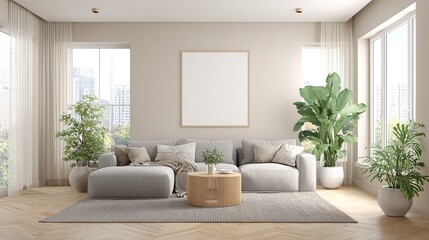 Modern minimalist living room interior with light grey L-shaped sofa, round wooden coffee table, large blank frame on beige wall, green plant and natural light