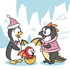 Cute cartoon penguin family with a baby dragon in a basket enjoying a cold winter day with icebergs and clouds