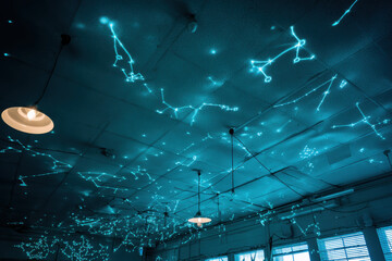 tranquil interior space featuring ceiling that vividly projects realtime night sky filled with sparkling stars