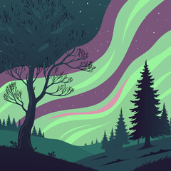 Enchanting aurora borealis shimmers above a silhouetted winter forest landscape with bare trees and evergreen pines