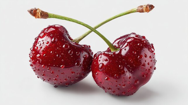 Two ripe, dark red cherries with water droplets and intertwined stems. Sweet, fresh fruit