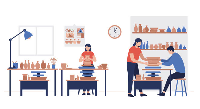 Pottery studio workshop with modern equipment and artisans engaged in ceramic crafting