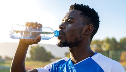 Close-up view of a man drinking water from a plastic bottle outdoors, highlighting hydration and refreshment.