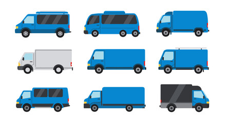 Blue van collection in flat design: variety of transport vehicle icons