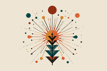 Abstract arrow composition with sunburst energy rays and geometric shapes in warm tones, symbolizing Dussehra triumph and divine power, conceptual vector illustration