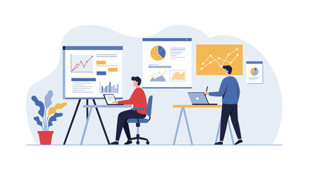 Creative office workspace with business charts and team collaboration