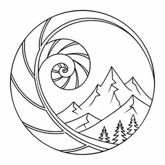 Stylized black and white line art illustration of a mountain landscape with pine trees framed within a circular nautilus shell spiral design