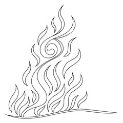 Stylized black line art illustration of a vibrant fire with swirling flames and a central spiral motif on a white background