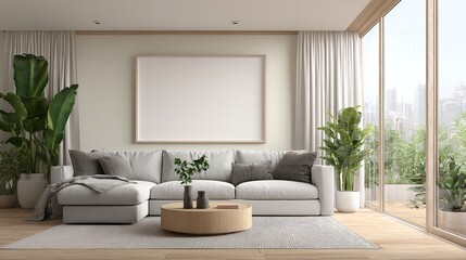 Fototapeta premium Modern minimalist living room interior with light grey L-shaped sofa, round wooden coffee table, large blank frame on beige wall, green plant and natural light
