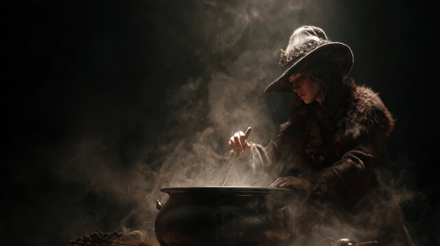 A witch in a fur cloak stirs a steaming cauldron with smoke swirling around her in a dark mystical atmosphere