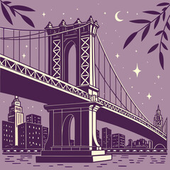 Stylized illustration of the iconic manhattan bridge spanning across a river at night with a crescent moon and stars in the purple sky