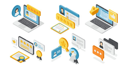 Isometric customer review and feedback icons with laptop and communication elements