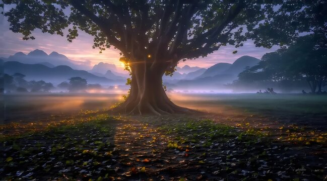 夕暮れの黄金の光が当たる広大な木の風景