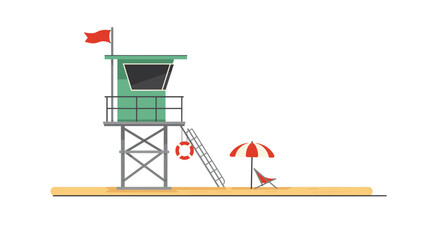 Minimalist beach lifeguard tower with umbrella and chair on sandy shore