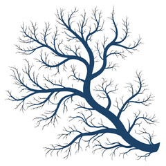 Stylized silhouette of a large dark blue bare tree with intricate branching patterns on a clean white background