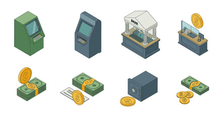 Isometric banking elements: atm, bank building, and safe with cash and coins