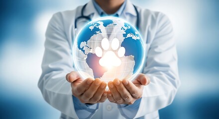 Veterinarian holding a globe with a paw print, animal care concept, world rabies day awareness