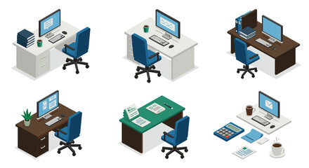 Modern office desk setups in isometric style for contemporary workspaces
